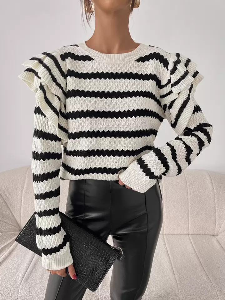 SHEIN Privé Striped Pattern Ruffle Trim Sweater | SHEIN