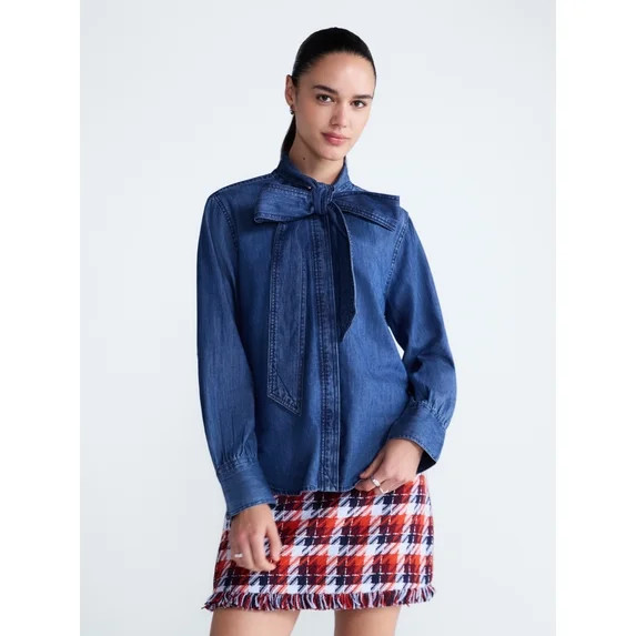 Free Assembly Women's and Women's Plus Long Sleeve Tie Neck Shirt, Sizes XS-4X | Walmart (US)