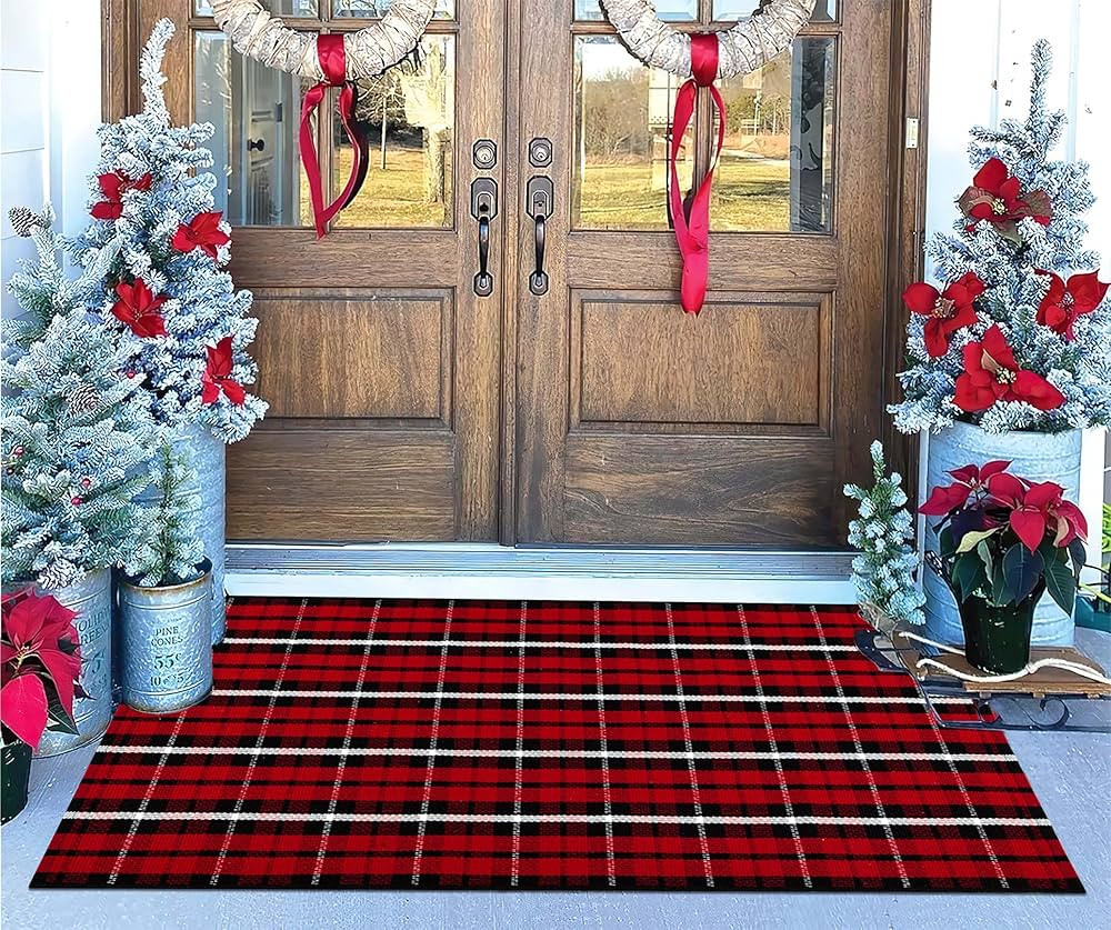 Christmas Outdoor Rugs 24 x 51''Black Red Buffalo Plaid Front Porch Rug Hand-Woven Machine Washab... | Amazon (US)