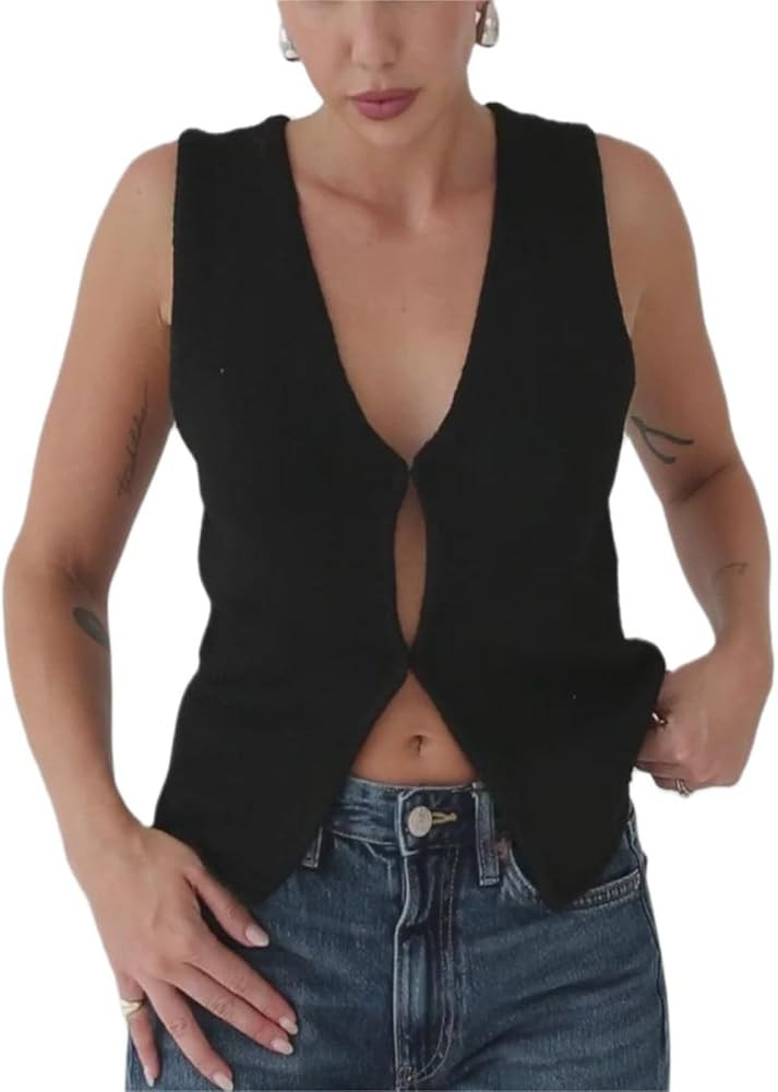 Sawden Women Sleeveless Cotton Knitted Vest Button Down Casual Y2k Streetwear | Amazon (US)