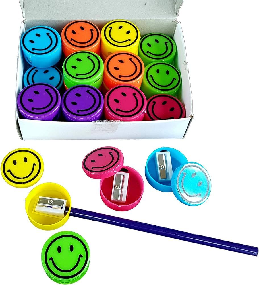 Pencil Sharpeners for Kids with Removable Neon Colored Lids (48 Pack - Smile FACE) | Amazon (US)