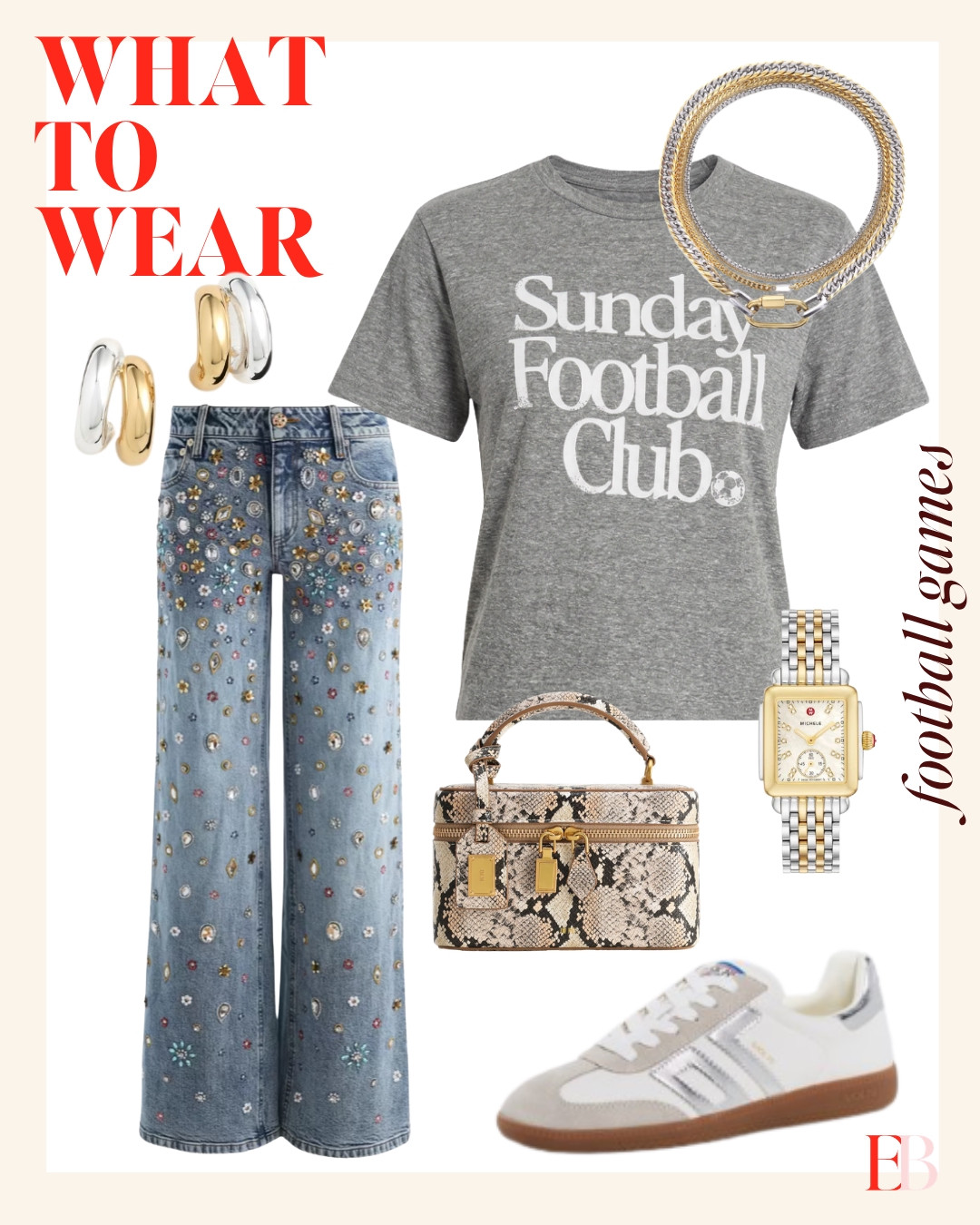 A graphic tee plus embellished jeans is the easiest high-low you'll ever pull off. The mixed metal necklace makes it look planned. 

 #football #gameday #nfl #LTKootd