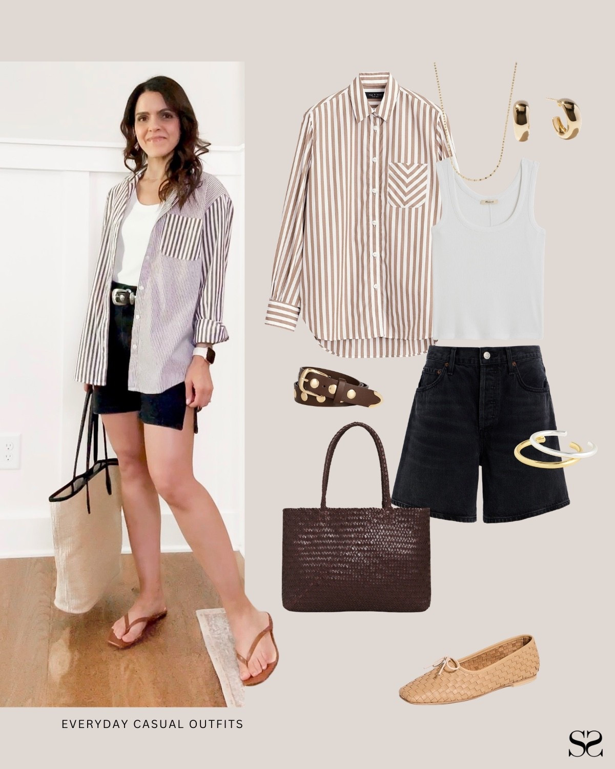 Outfit ideas for when getting dressed has to be easy: The print does the thinking for you.

Stripe oversized shirt, white tank, black denim shorts, brown belt, woven tote, ballet flats, gold earrings, gold necklace

#LTKootd #LTKgrwm