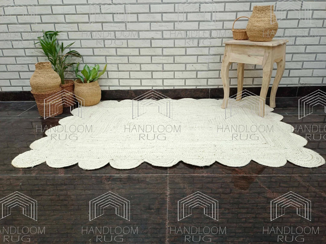 Scalloped Jute Rug, White Jute Scallop Boho Decor Handmade Rug, Customize in any Size & Shape. | Etsy (US)
