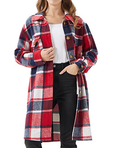 URBEST Women's Long Plaid Shacket, Lapel Button Down Shirt, Oversized Long Sleeve Jacket, Side Pocket Knee Length Brushed Coat Red M | Amazon (US)