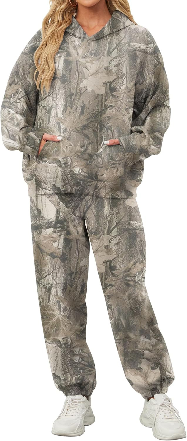 Camo Sweatsuits for Women Set 2 Piece Camo Hoodies Maple Leaf Print Oversized Sweatshirt Lounge Sets Fall Outfits | Amazon (US)