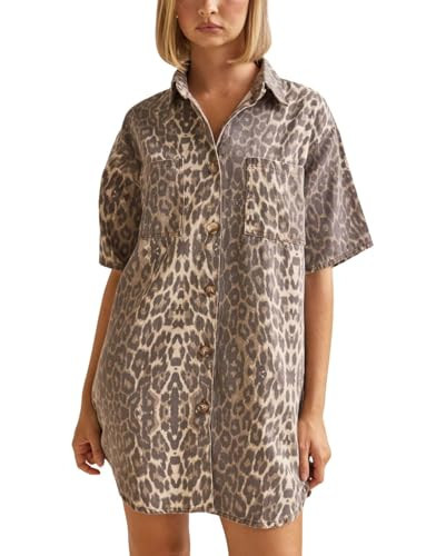 chouyatou Women's Vintage Leopard Denim Button Down Shirt Dress Casual Short Sleeve Distressed Jean Shift Mini Dress (X-Large, Leopard) | Amazon (US)