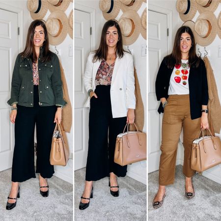 Teacher business casual outfits
Green jacket-medium
White blazer-medium
Sweater blazer-small
Black Pants- large but could size down (part of a set)
Utility pants- medium but prefer a medium tall 

#LTKmidsize #LTKworkwear #LTKFind