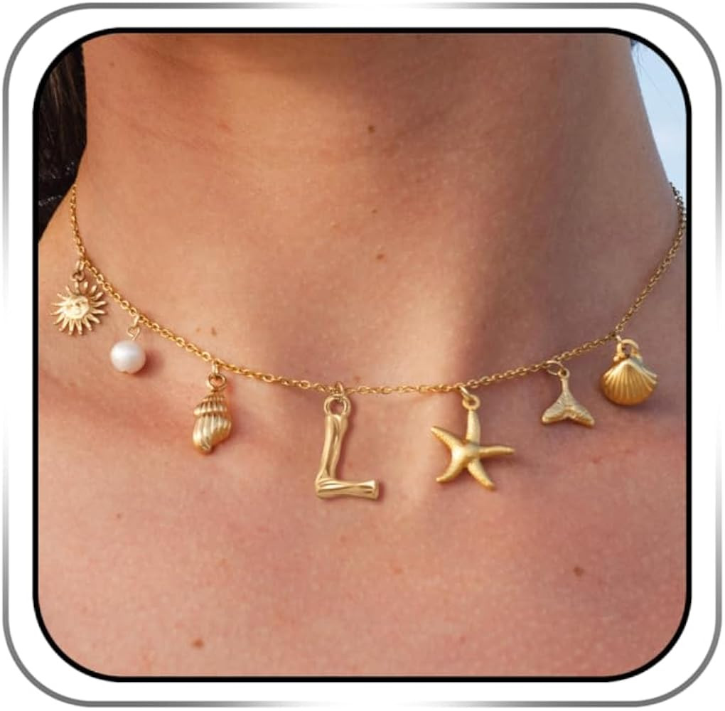 Initial Charm Necklace For Women Shell Seashell Summer Beach Letter 14K Gold Plated Pendant Starf... | Amazon (US)