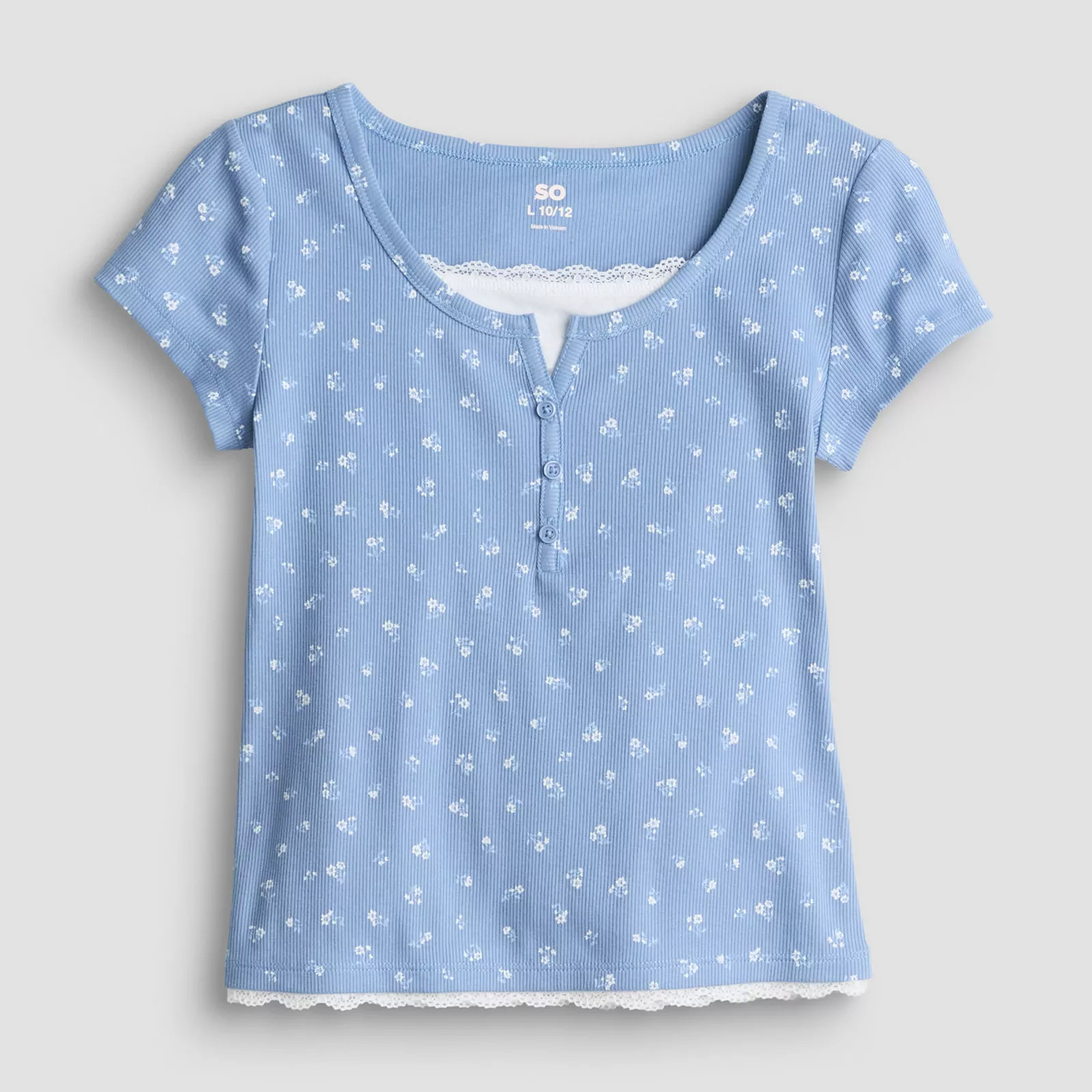 Girls 7-20 SO\u00ae Short Sleeve Lace Trim Henley Shirt in Regular & Plus Size | Kohl's