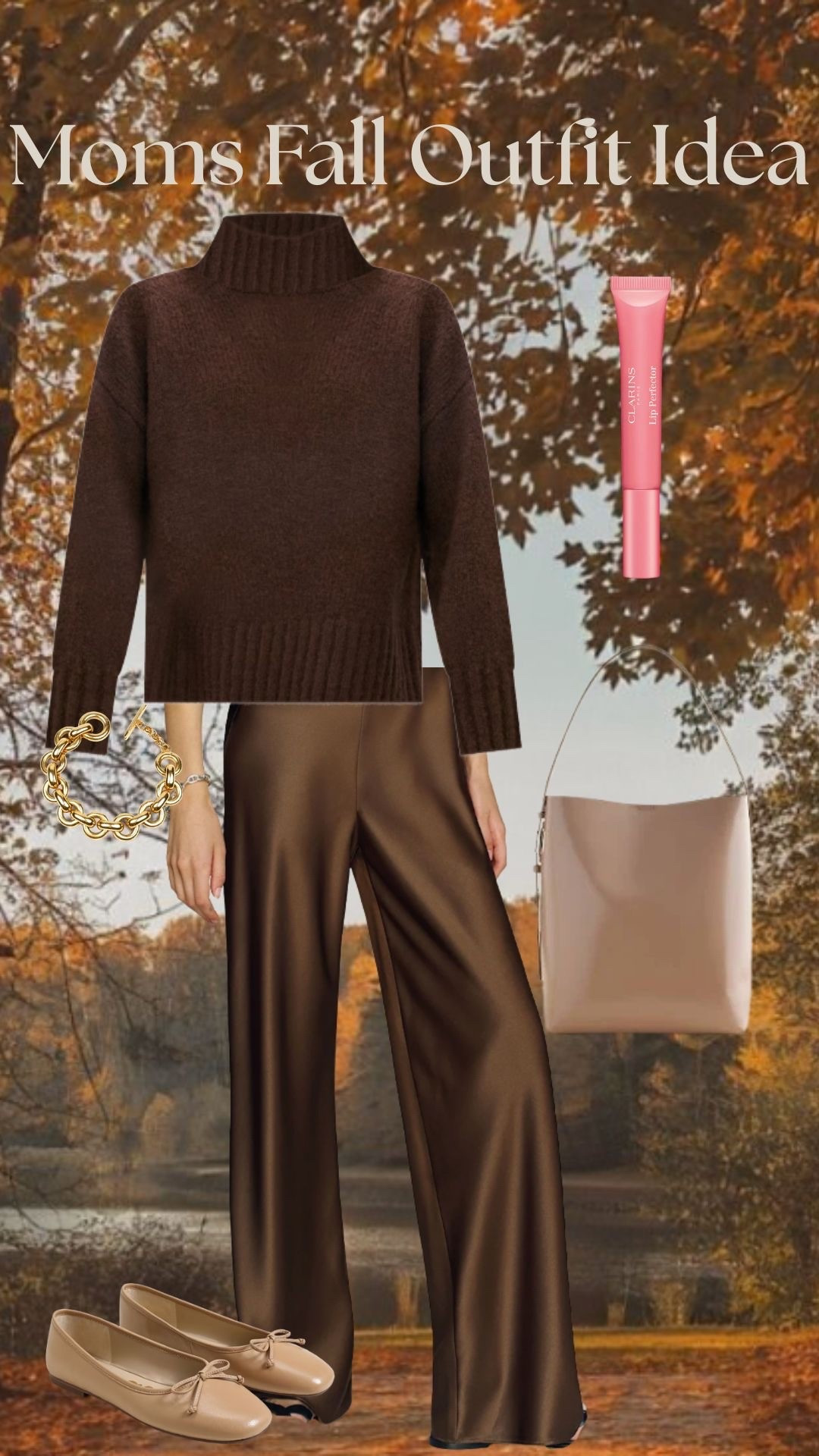 Moms Fall Outfit Idea
Satin pants, Chocolate brown sweater, Ballet flats, Bucket Bag, Chain Link bracelet, Lip Perfector gloss!

#LTKStyleTip #LTKShoeCrush #LTKSeasonal