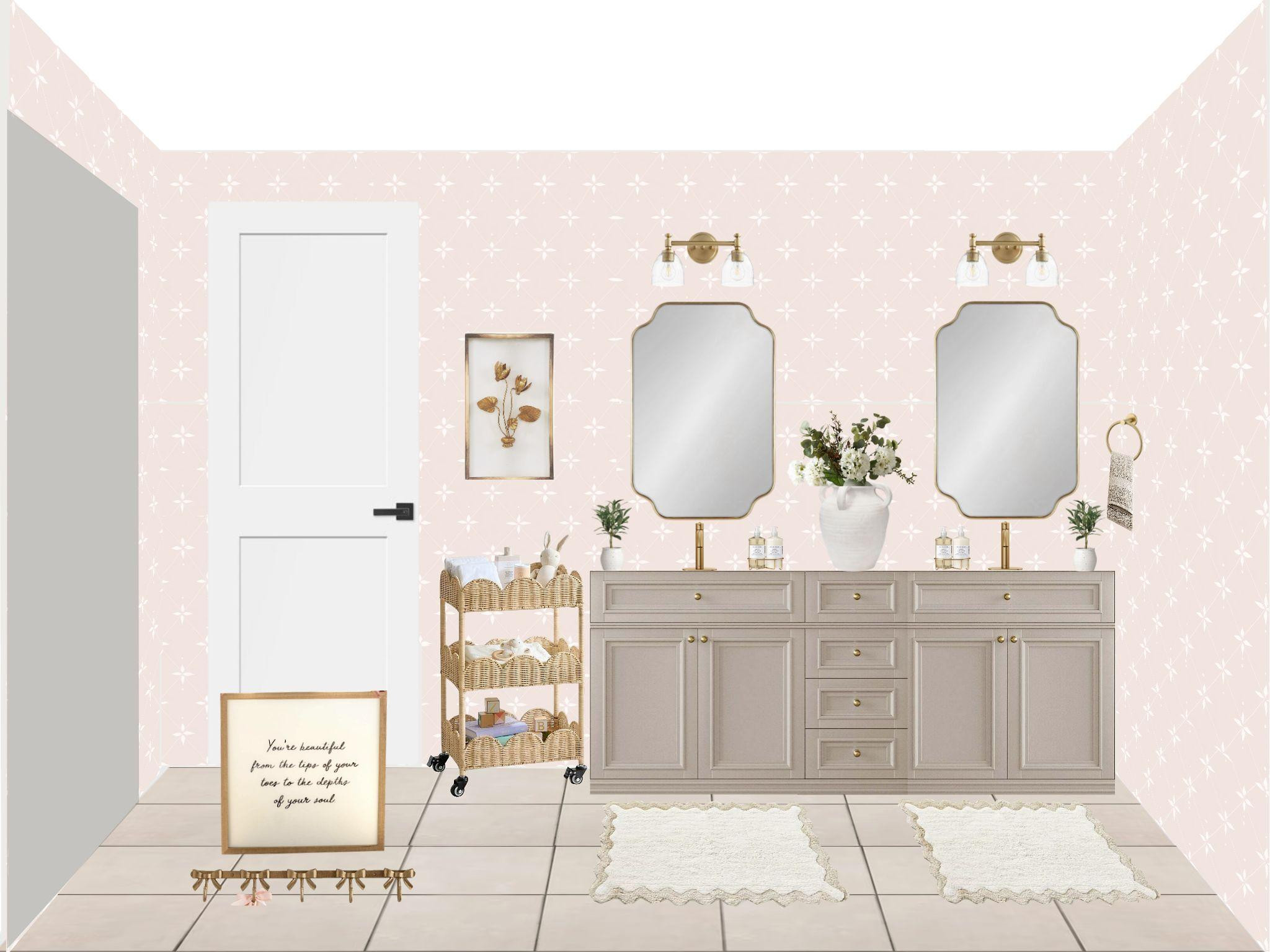 Soft, feminine, and effortlessly elegant 🌸✨ This girls bathroom design blends delicate pattern, warm neutrals, and polished brass accents to create a space that feels both fresh and timeless. 

 #LTKHome #LTKSaleAlert #LTKKids