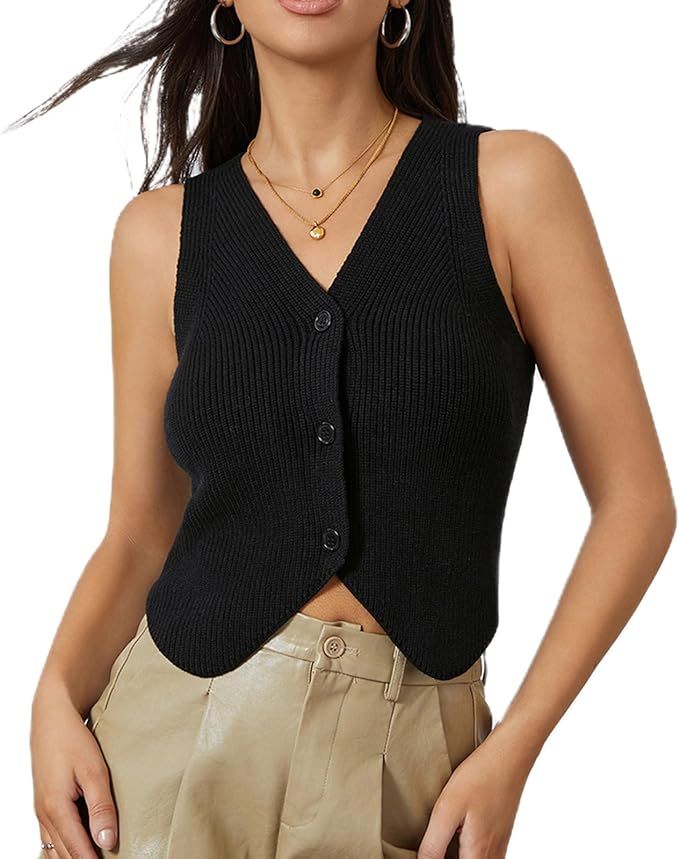 Women Knit Vest Top Y2k V Neck Sleeveless Button Up Crochet Going Out Tops Fashion Streetwear | Amazon (US)