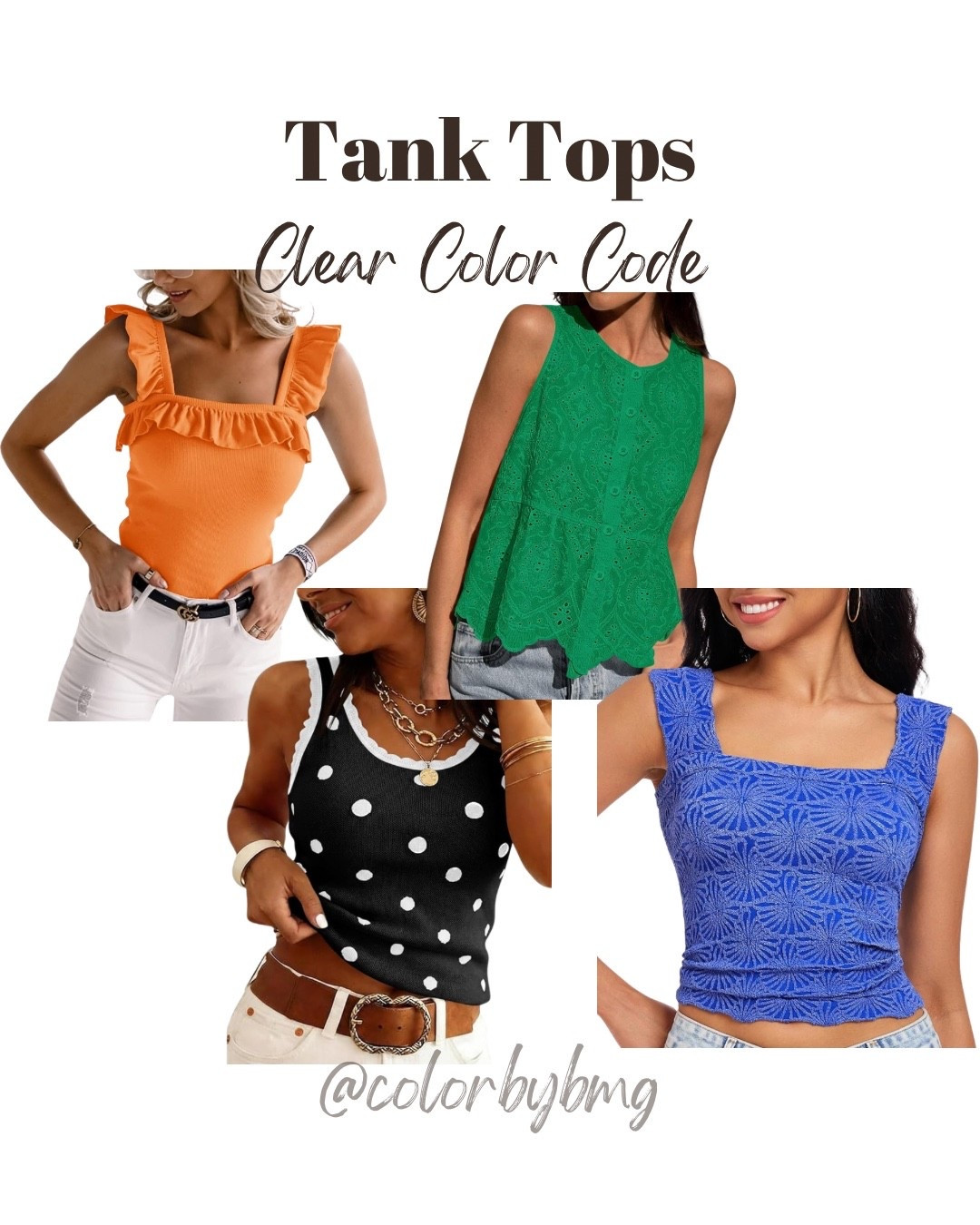 Clear Color Code Tank Tops
Colors:
1. Orange
2. Black Polka Dot
3. Green 
4. Royal Blue