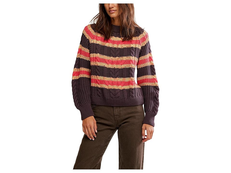 Free People Frankie Cable Striped Pullover Women's Sweater Chocolate Combo : LG (Women's 12-14), Cotton | Zappos