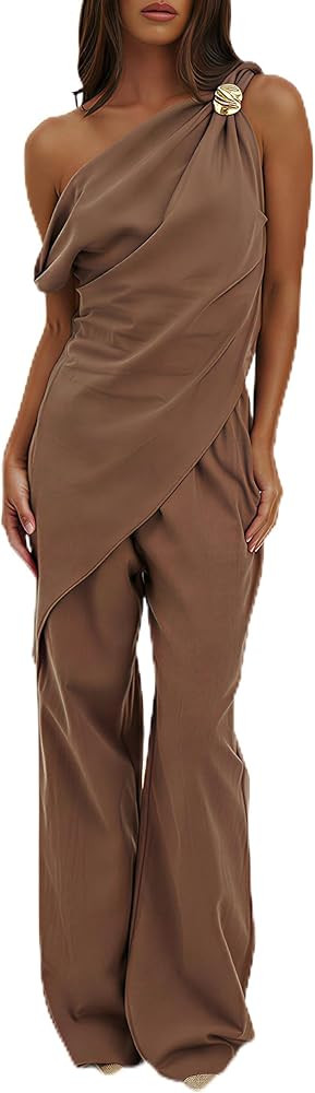 MAKABO Women's 2 Piece Sets Casual Matching Set One-Shoulder Top Wide-Leg Pants with Pockets Summ... | Amazon (US)
