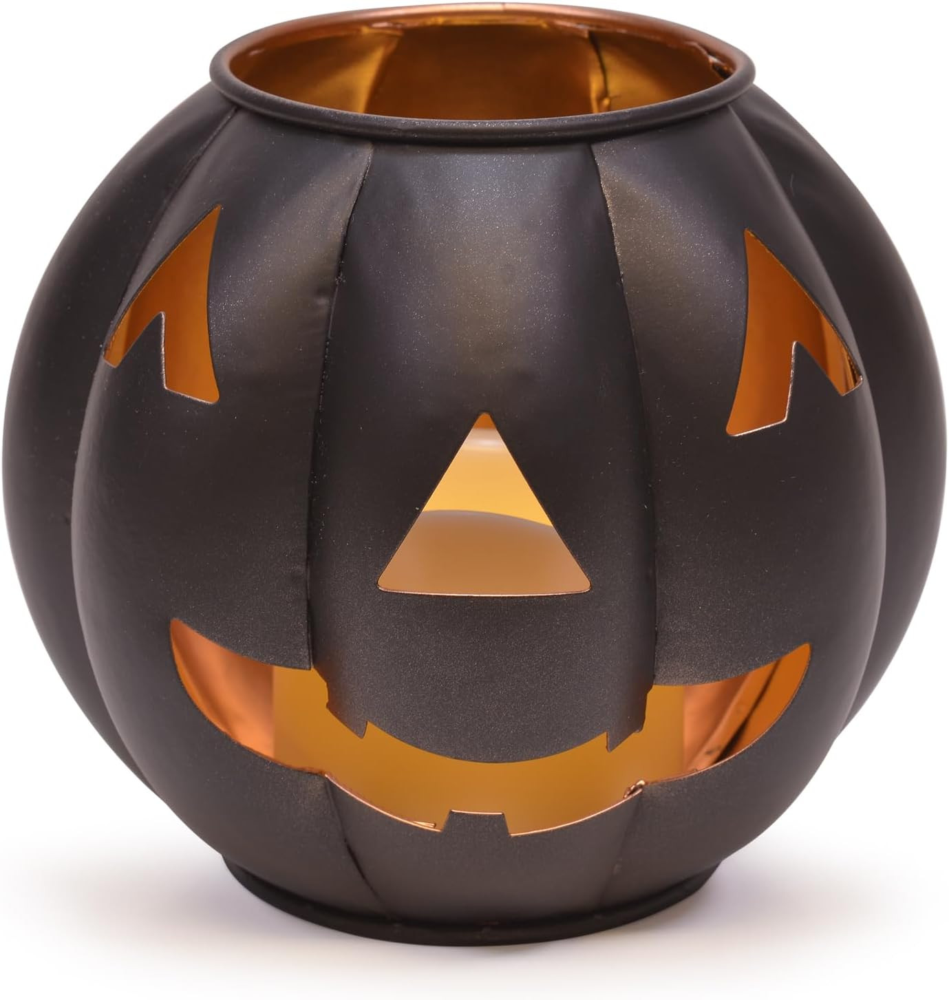 Metal Jack O' Lantern Pumpkin Flamless LED Candle Lantern, 5 Inch, Black with Gold Interior | Amazon (US)