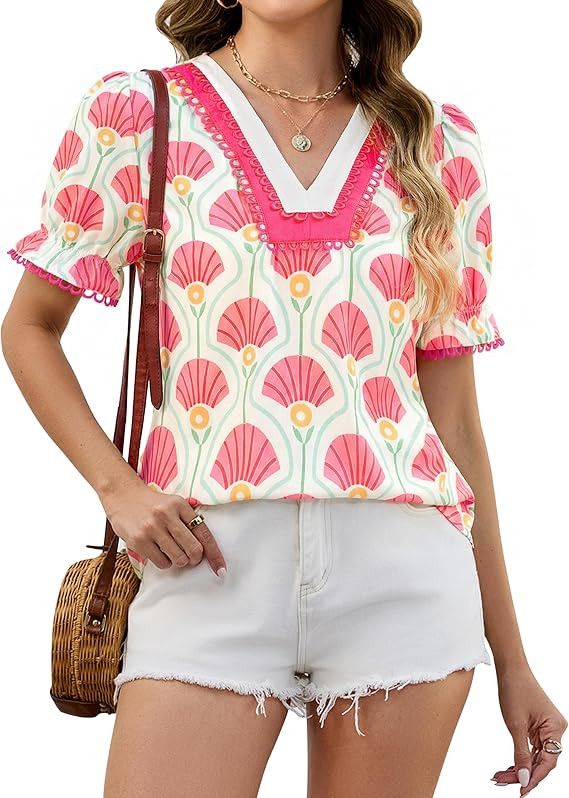 Blooming Jelly Womens Dressy Casual Blouses Puff Short Sleeve V Neck Shirts Ruffle Color Block Fl... | Amazon (US)