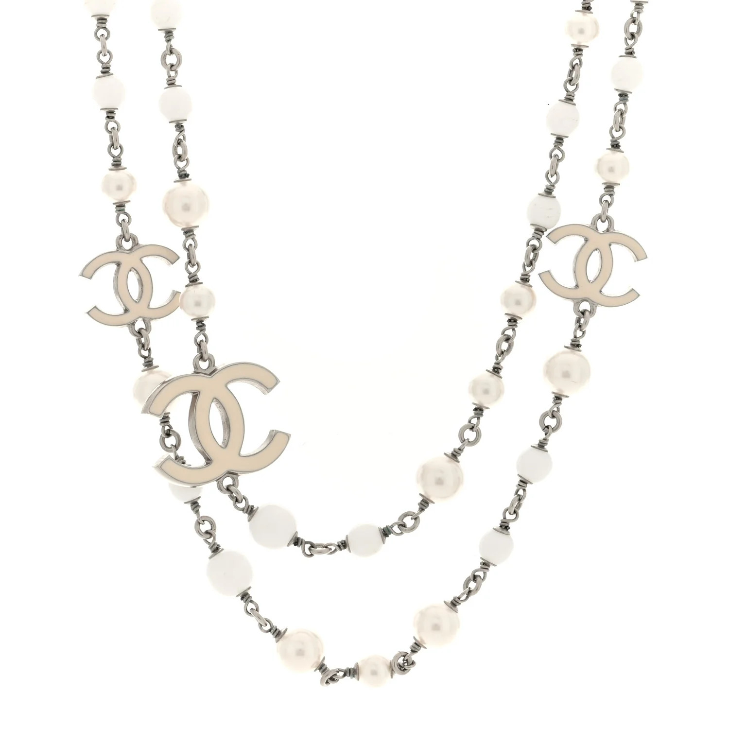 Pearl Enamel Bead CC Long Necklace  Silver White | FASHIONPHILE (US)