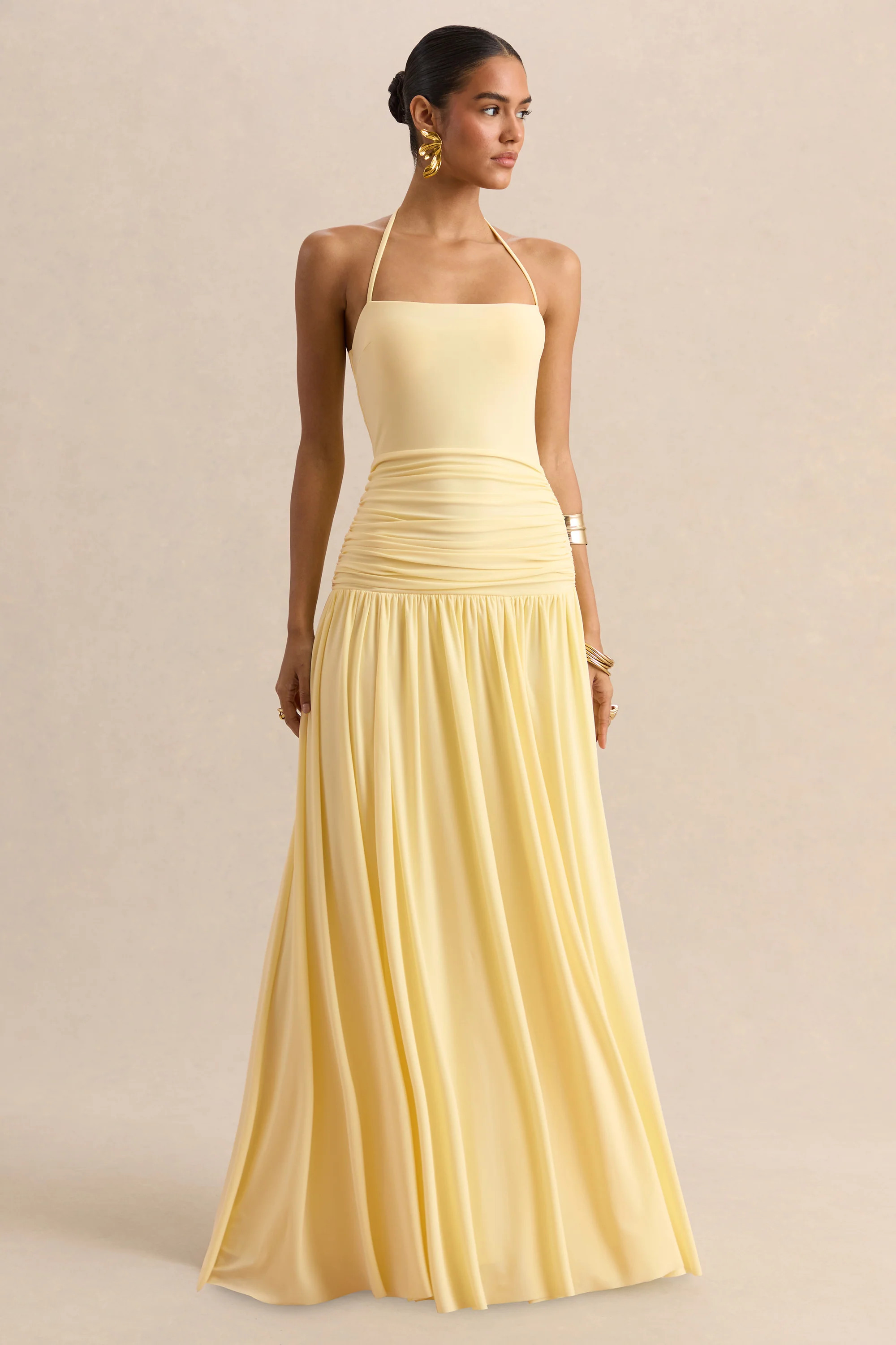 Nicolette | Lemon Square-Neck Maxi Dress With Ruched-Detailing | Club L London