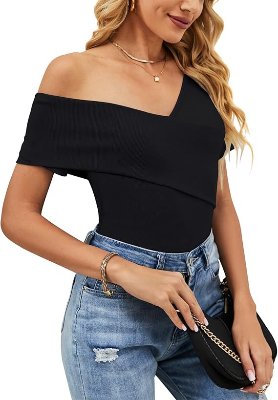 Micoson Womens Summer Sexy Off Shoulder Short Sleeve Deep V Neck T-Shirts Casual Slim Ribbed Knit... | Amazon (US)