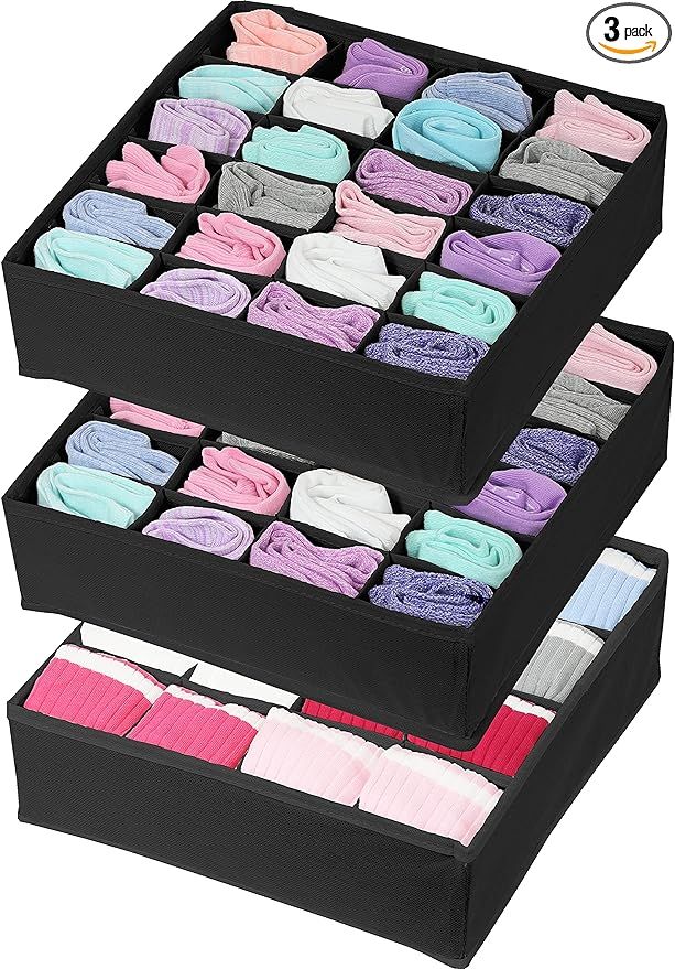 3 Pack - Simple Houseware Socks Underwear Drawer Organizer (24+24+16 cells), Black | Amazon (US)