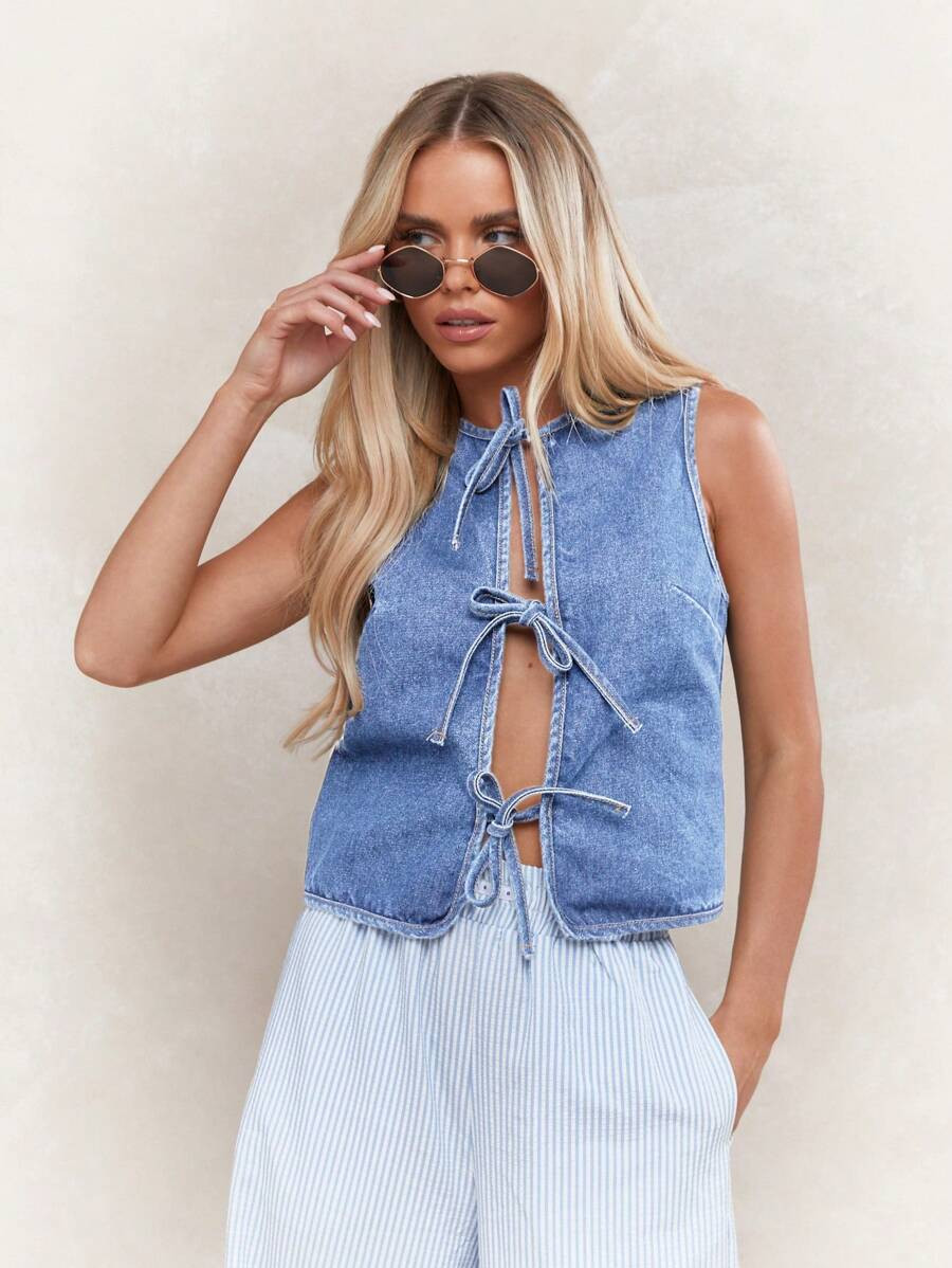 MISSGUIDED Tie Detail Open Front Sleeveless Denim Top | SHEIN