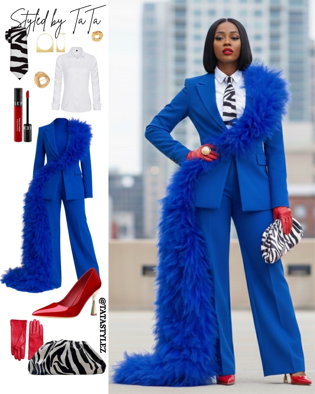 SHE-E-O approved. Boss woman style done right. Power blue tailoring with floor length tulle overlay, pops of red, gold accents, and zebra print for a modern executive look. Suit can be found on Shoptbcollection.com 🔎 ‘The Audacity Royal Power Suit'

#LTKWorkwear #LTKMidsize #LTKootd