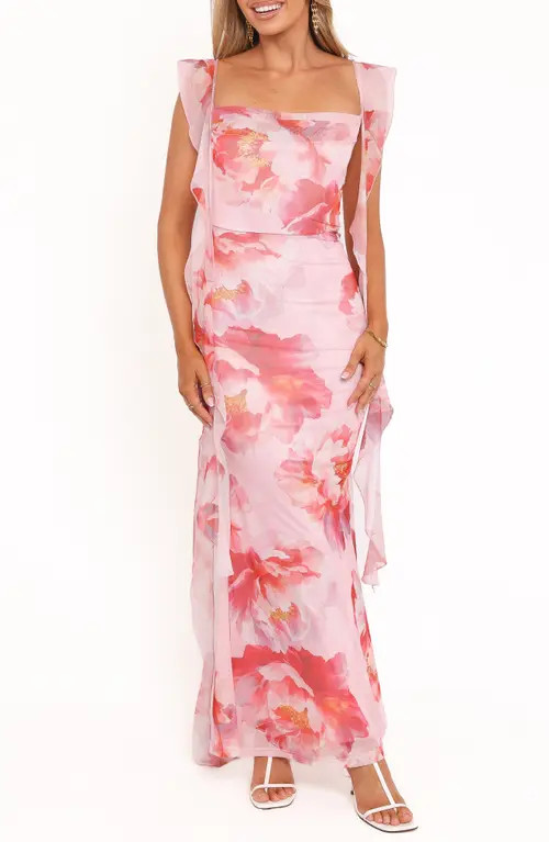 Petal & Pup Chiara Floral Flutter Ruffle Maxi Dress in Pink Peony at Nordstrom, Size Medium | Nordstrom