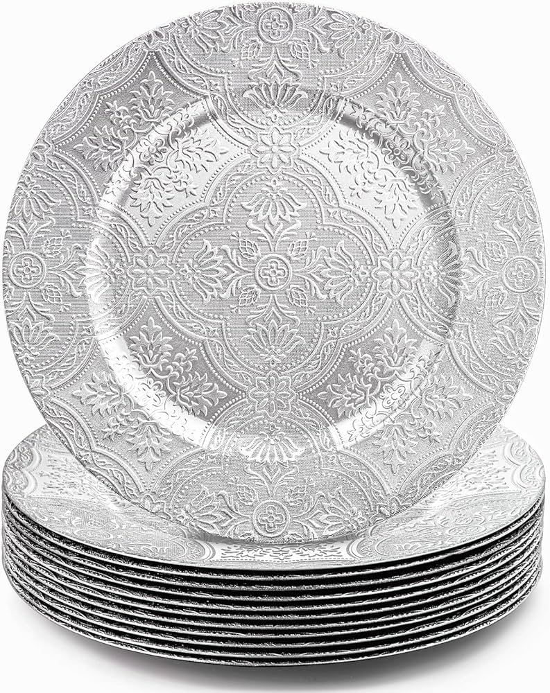 Elsjoy Set of 12 Plastic Silver Charger Plates, 13 Inch Decorative Plate Charger for Dinner Plate... | Amazon (US)