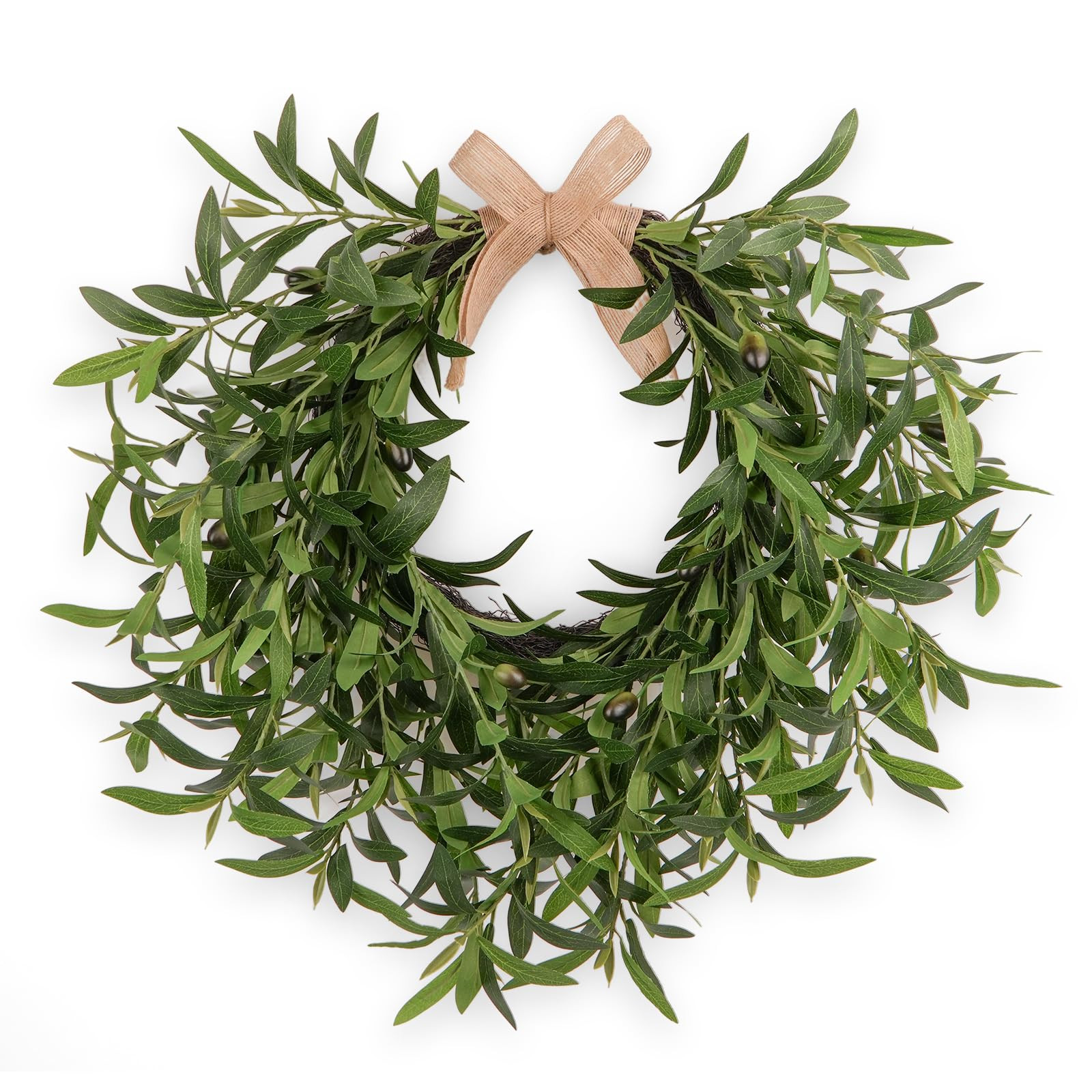 Artificial Olive Wreath for Front Door - 22 Inch Faux Greenery Wreath with Burlap Bow & Olives - ... | Amazon (US)