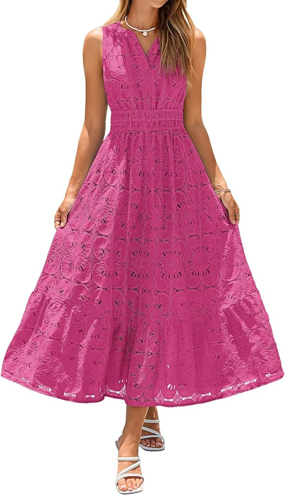 Simplee Women Summer Sleeveless Eyelet Maxi Dress 2026 Lace Casual V Neck A Line Boho Flowy Beach... | Amazon (US)