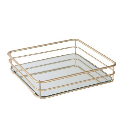 Elle Decor square gold vanity tray with mirror glass