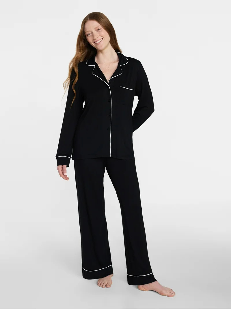 Joyspun Women’s Sleep Modal Long Sleeve Notch Top and Pants Pajama Set, Size XS-XL, 2X-3X | Walmart (US)