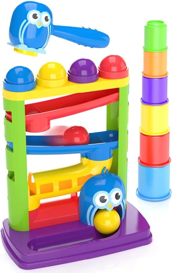 Pound a Ball Toy For Toddlers + FREE 6 Stacking Cups, Hammer and Ball Toys for 1 Year Old Boy & G... | Amazon (US)