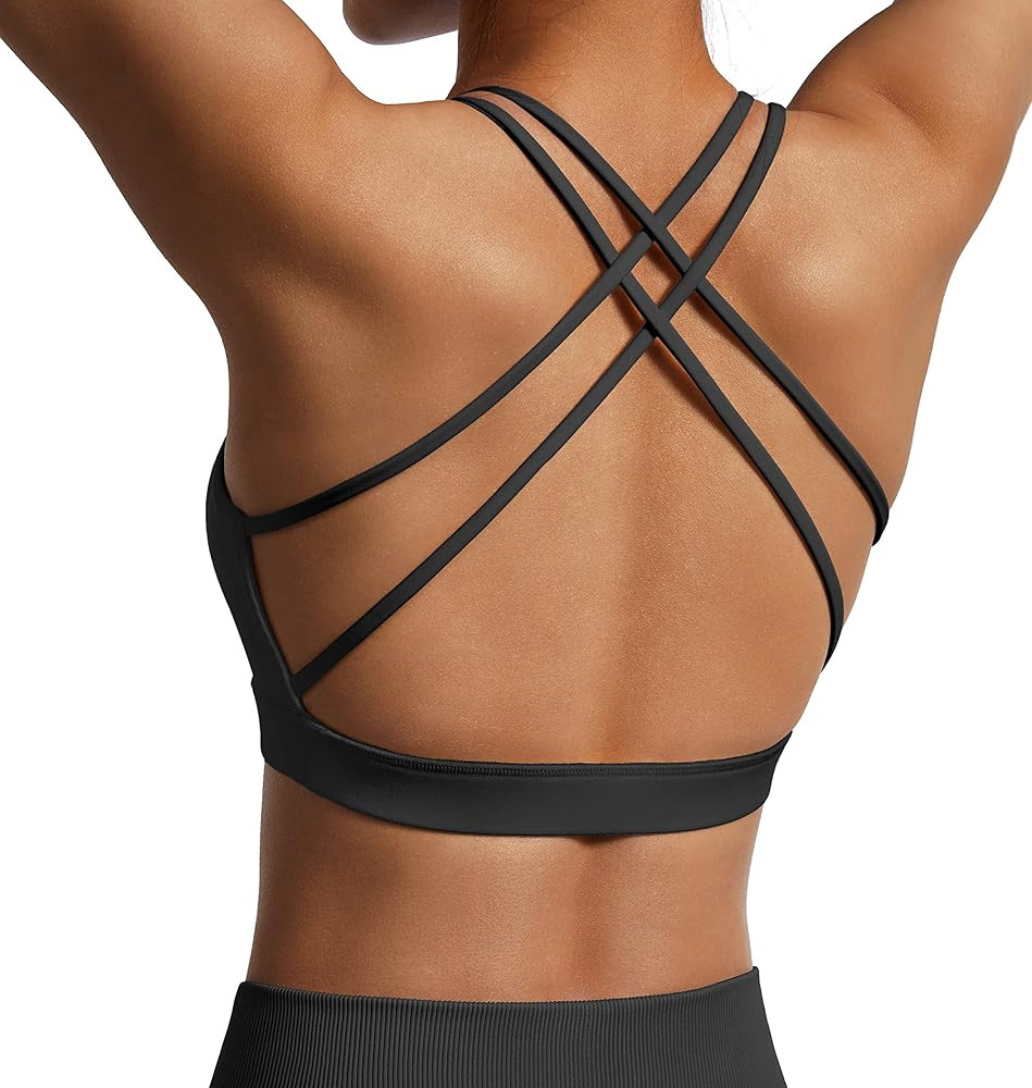 RXRXCOCO Womens Strappy Sports Bra Padded Criss Cross Back Sexy Workout Yoga Bra | Amazon (US)