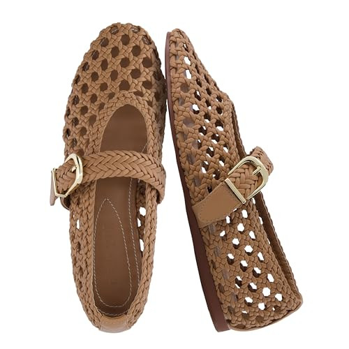 CUSHIONAIRE Wit Hand Woven Womens Flats, Comfortable Mary Jane Ballet Flat with Adjustable Buckle Braided Strap and Cushioned Memory Foam, LATTE 8 | Amazon (US)