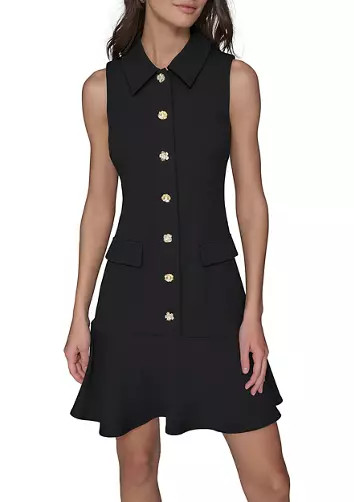 Women's Sleeveless Flower Button Front Mini Dress with Collar and Flounce Hem | Belk