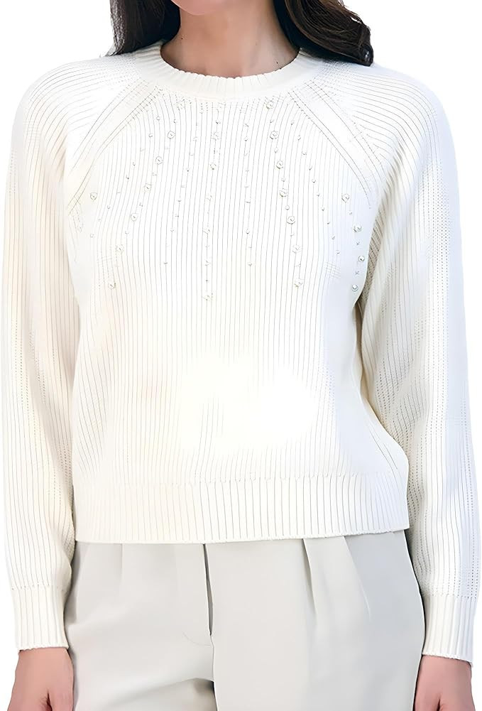 French Connection Women’s Pearl Embellished Sweater - Long Sleeve Crewneck Pullover Knit Fashio... | Amazon (US)