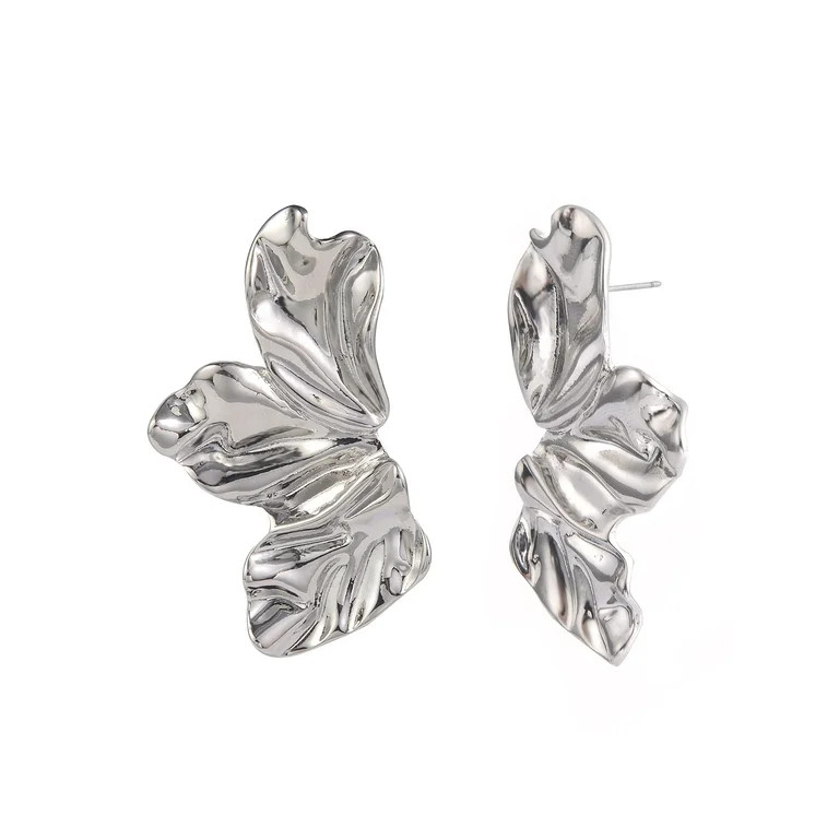 Time and Tru Women's Silver-Tone Wavy Textured Metal Leaf Post Earrings | Walmart (US)