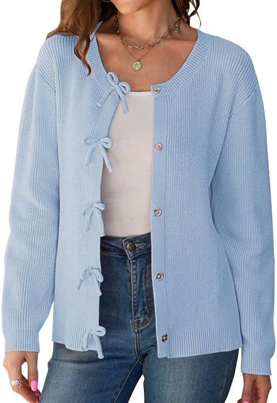 Women's Cardigan Sweaters Bow Button Down Cardigans Fall Fashion Clothes Knit Tie Open Front Coat... | Amazon (US)