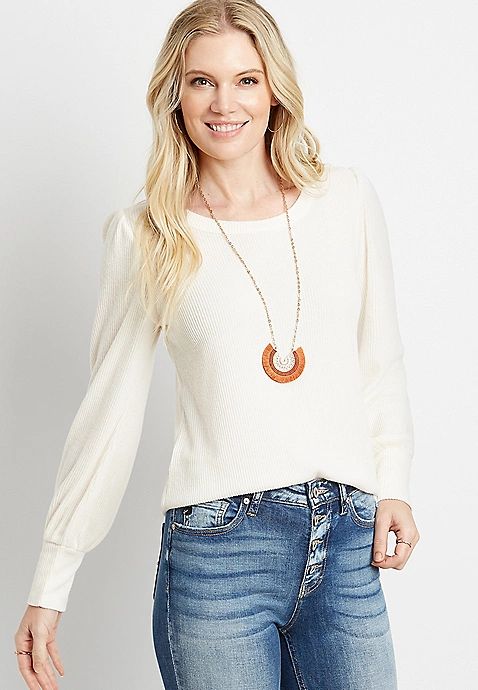 24/7 Solid Ribbed Long Lantern Sleeve Tee | Maurices