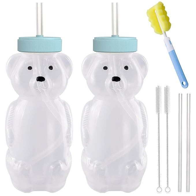 Honey Bear Straw Cups, Juice Bear Bottle Drinking Cup Long Straws with 4 Flexible Straws & Cleani... | Amazon (US)