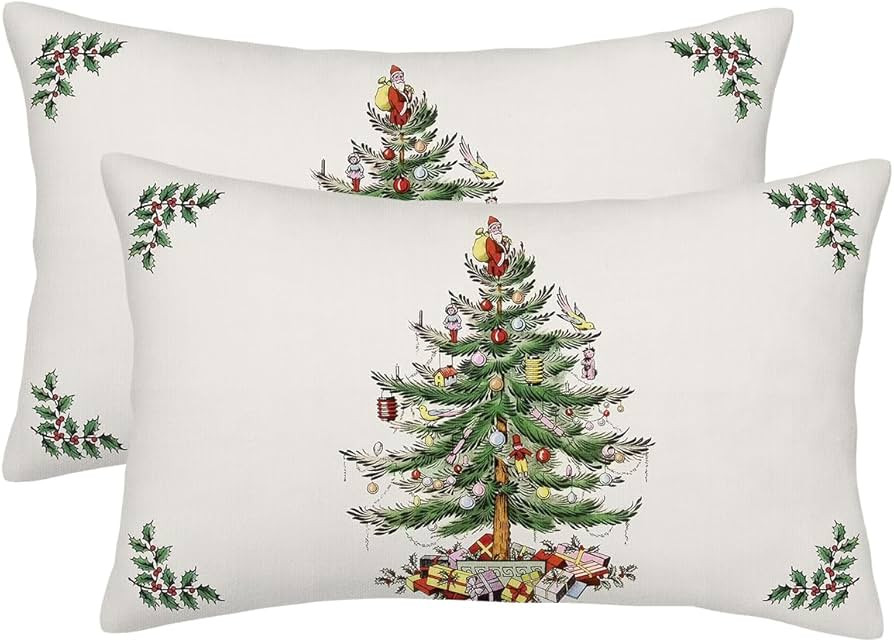 Retro Christmas Pillow Covers 12x20 Inch Set of 2 Green Pine Tree Balloons Birds Dolls Gifts Deco... | Amazon (US)