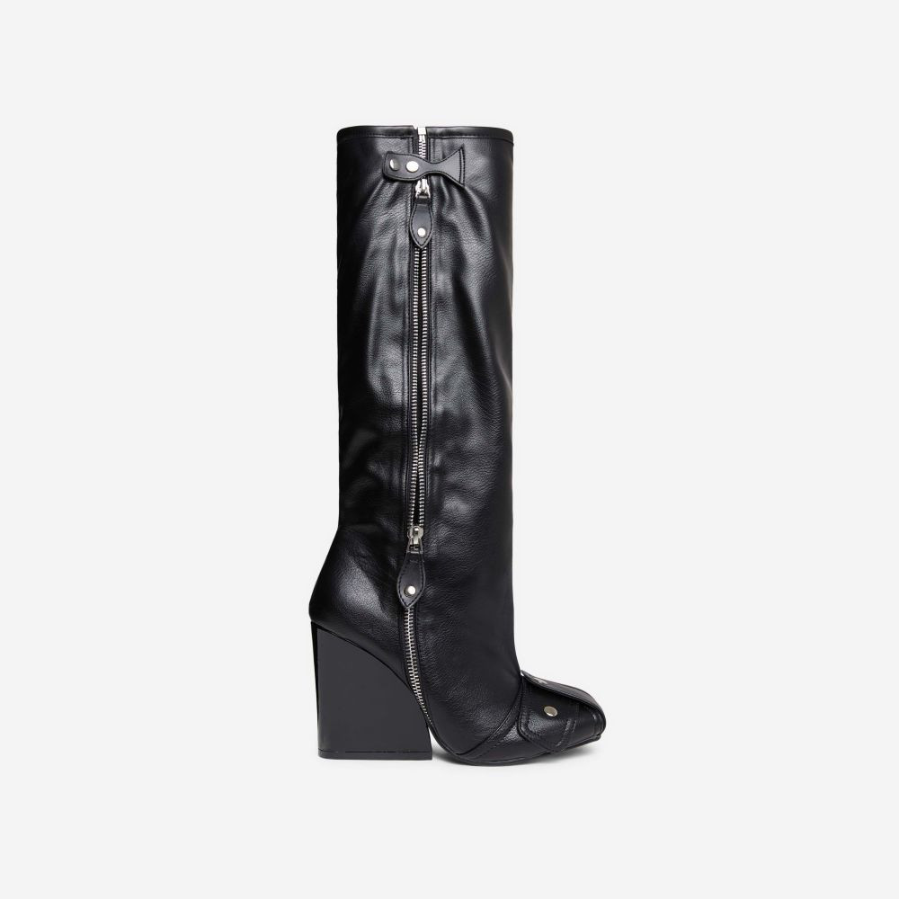 Senna Buckle Detail Square Toe Wedge Heel Knee High Long Boot In Black Faux Leather | EGO Shoes (US & Canada)