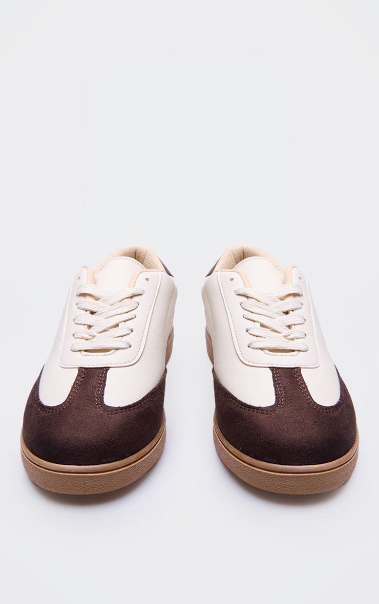 Brown and Cream Pu Contrast Panel Lace Up Sneakers | PrettyLittleThing US