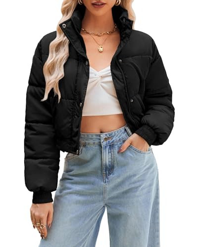 URMOSS Women's Cropped Puffer Jacket Long Sleeve Puffy Coat Winter Lightweight Stand Collar Button Down Zip Up Quilted Padded Outwear with Pockets Black XL | Amazon (US)