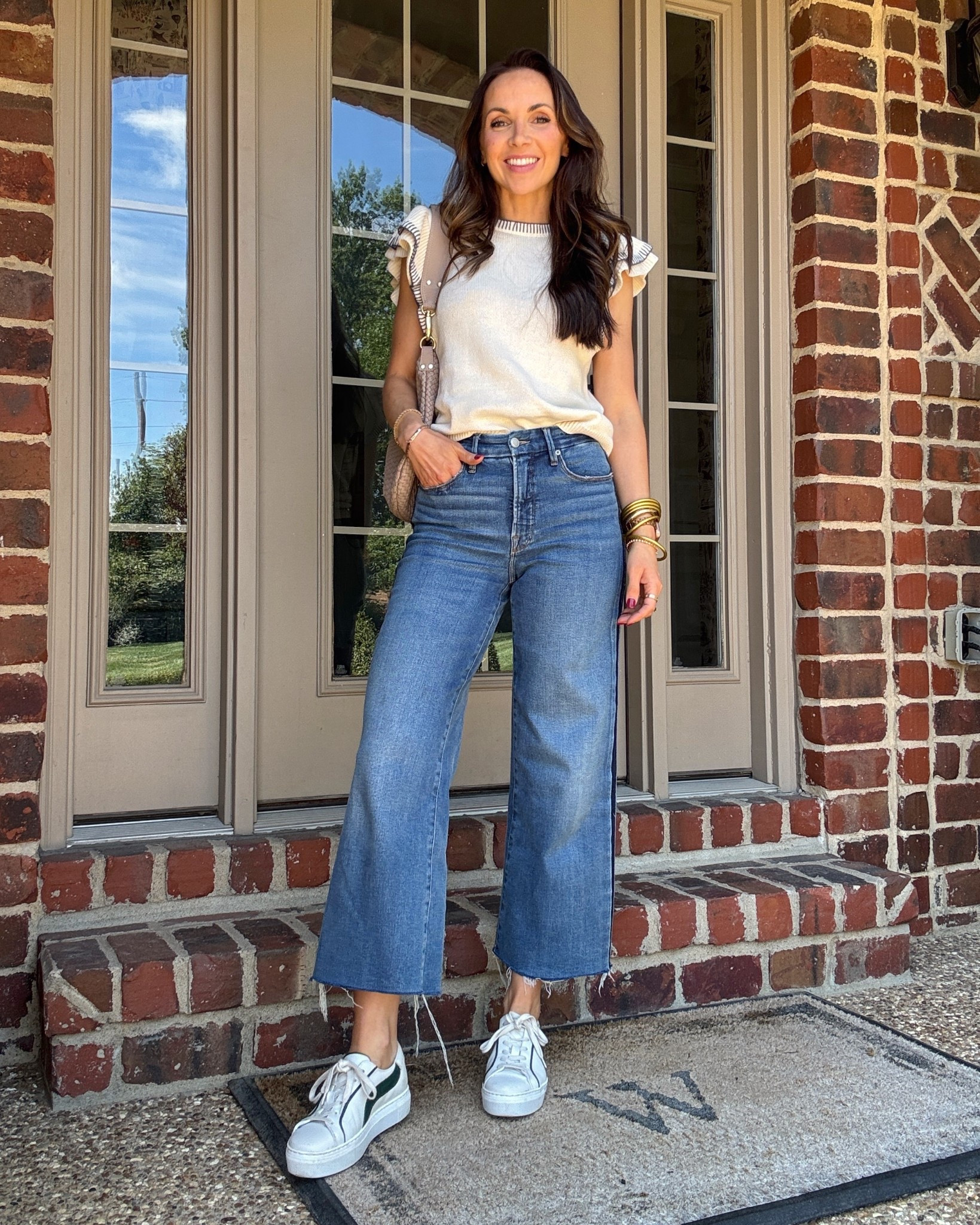 Friday outfit of the day - wearing size 2 in the jeans, size XS in the top. Sneakers are old but I linked similar!