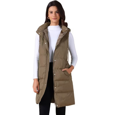 INSPIRE CHIC Women's Long Casual Sleeveless Zippered Hooded Down Puffer Vest Coffee X-Large | Target