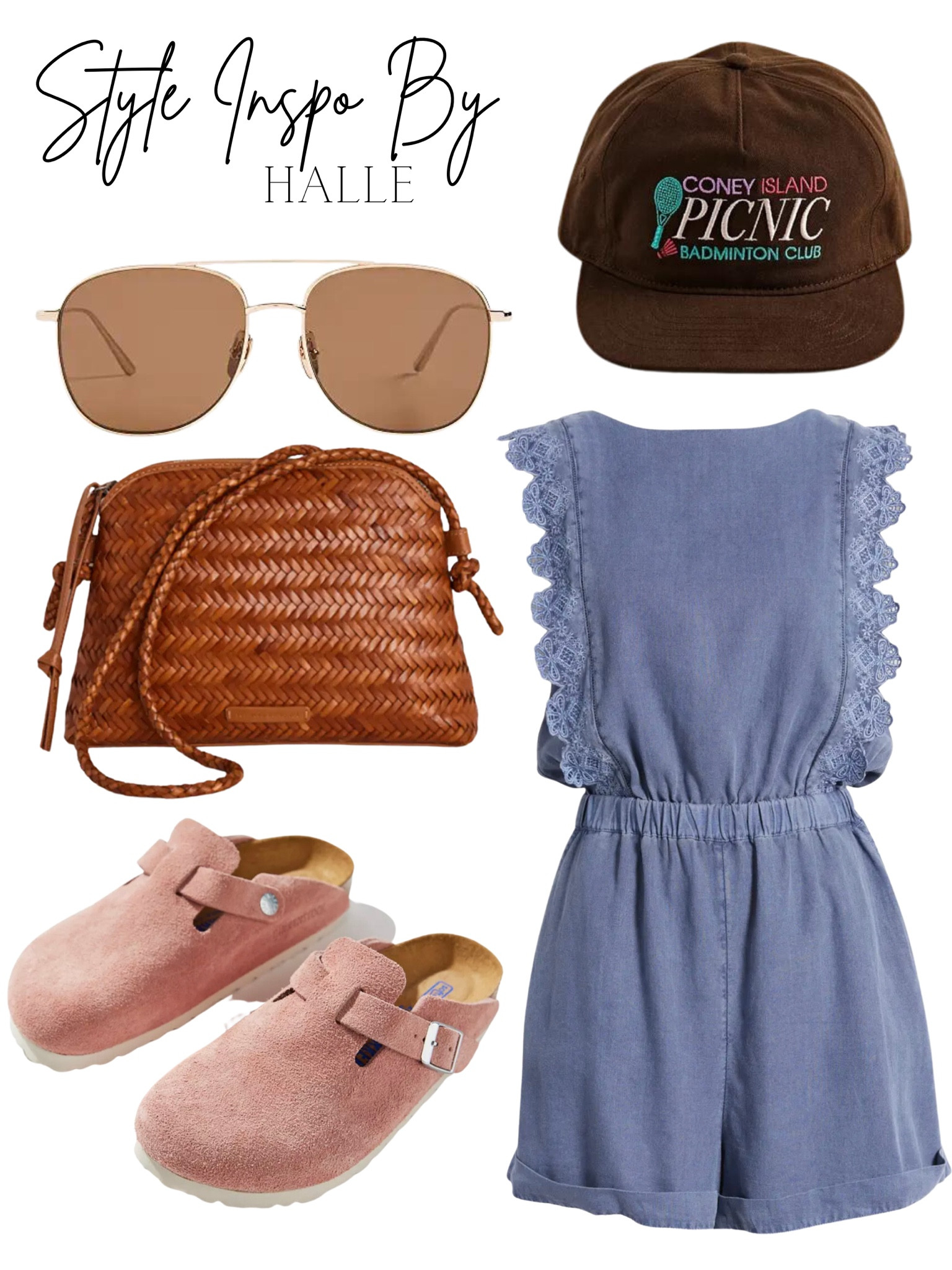 Style Inspo by halle 
Halle LaForte 
Blue romper 
Pink Birkenstocks 
Purse 
Trucker hat 

#LTKFind #LTKSeasonal #LTKstyletip